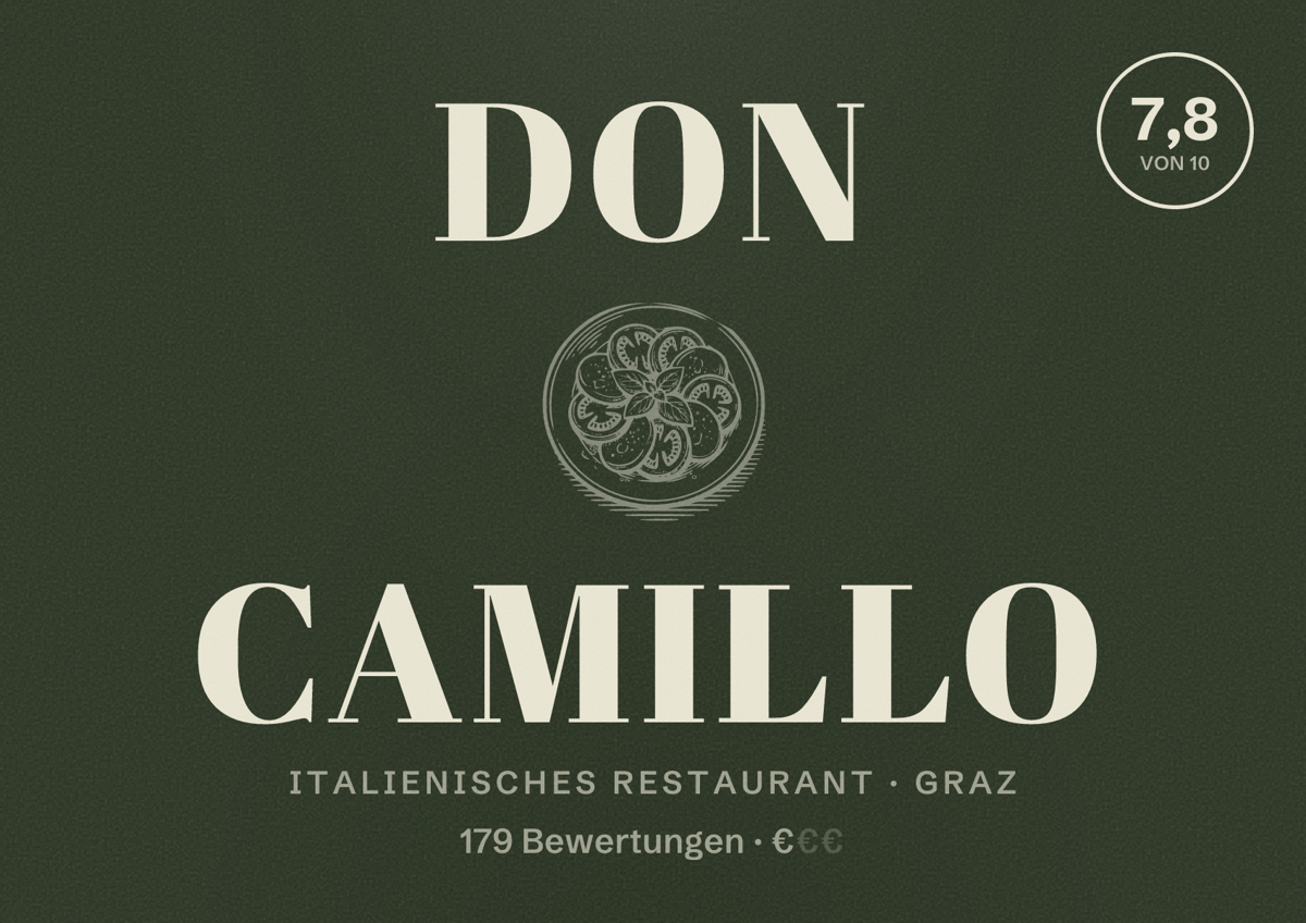 Illustriertes Poster von Don Camillo, Italienisches Restaurant in Graz: Bewertung 7,8 von 10 aus 179 Bewertungen, Preisniveau €
