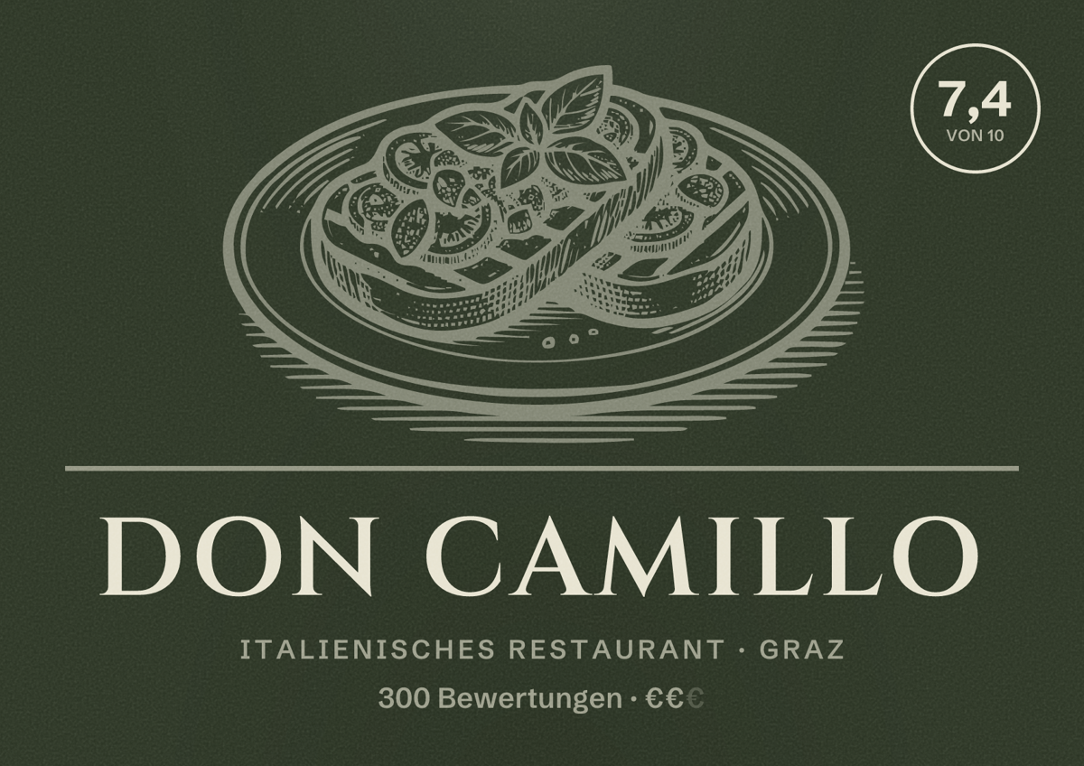 Illustriertes Poster von Don Camillo, Italienisches Restaurant in Graz: Bewertung 7,4 von 10 aus 300 Bewertungen, Preisniveau €€