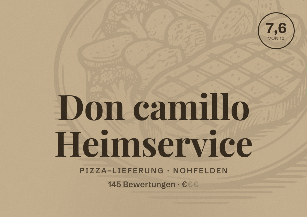 Illustriertes Poster von Don camillo Heimservice, Pizza-Lieferung in Nohfelden: Bewertung 7,6 von 10 aus 145 Bewertungen, Preisniveau €
