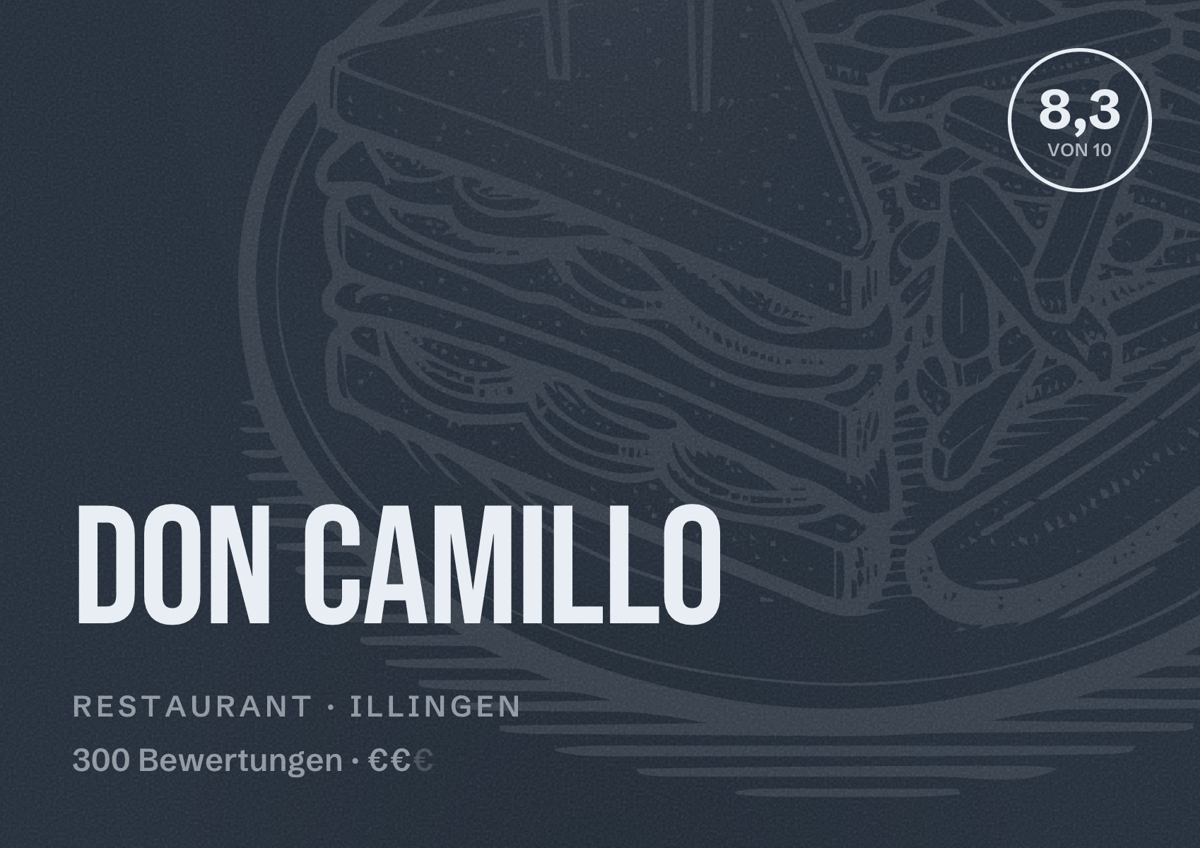 Illustriertes Poster von DON CAMILLO, Restaurant in Illingen: Bewertung 8,3 von 10 aus 300 Bewertungen, Preisniveau €€