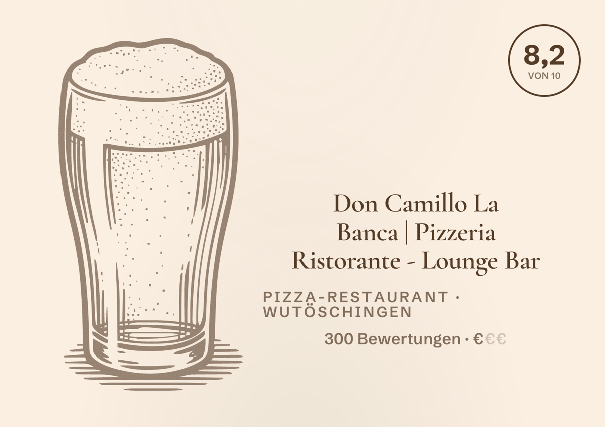 Illustriertes Poster von Don Camillo La Banca | Pizzeria Ristorante - Lounge Bar, Pizza-Restaurant in Wutöschingen: Bewertung 8,2 von 10 aus 300 Bewertungen, Preisniveau €