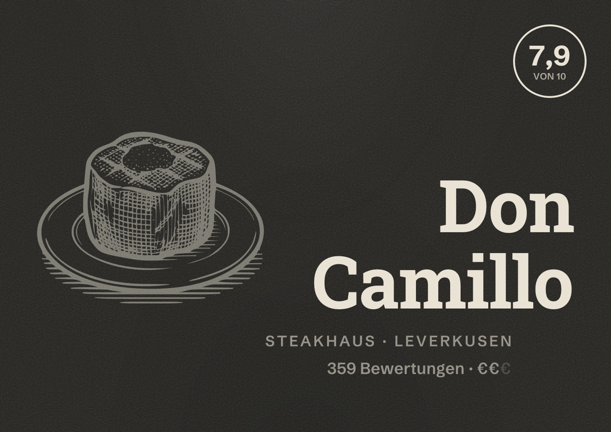 Illustriertes Poster von Don Camillo, Steakhaus in Leverkusen: Bewertung 7,9 von 10 aus 359 Bewertungen, Preisniveau €€