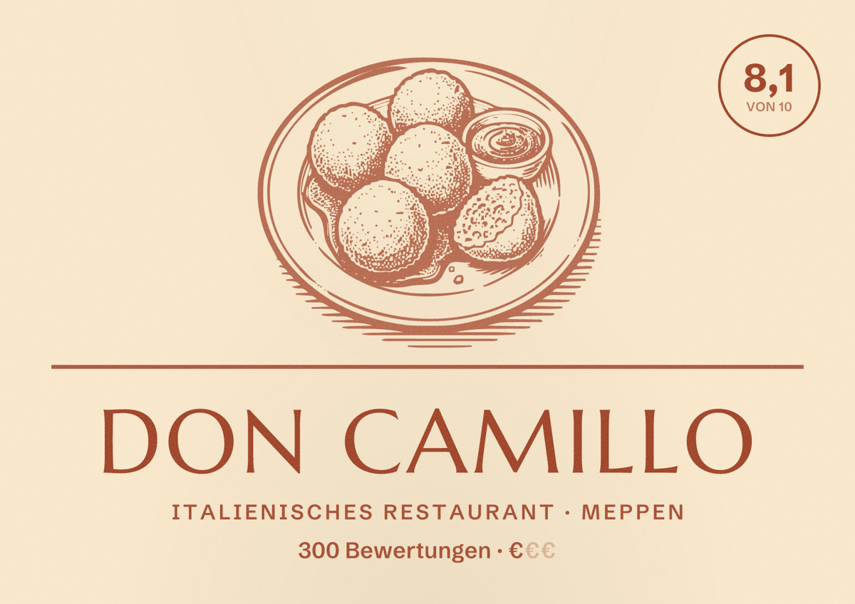 Illustriertes Poster von Don Camillo, Italienisches Restaurant in Meppen: Bewertung 8,1 von 10 aus 300 Bewertungen, Preisniveau €