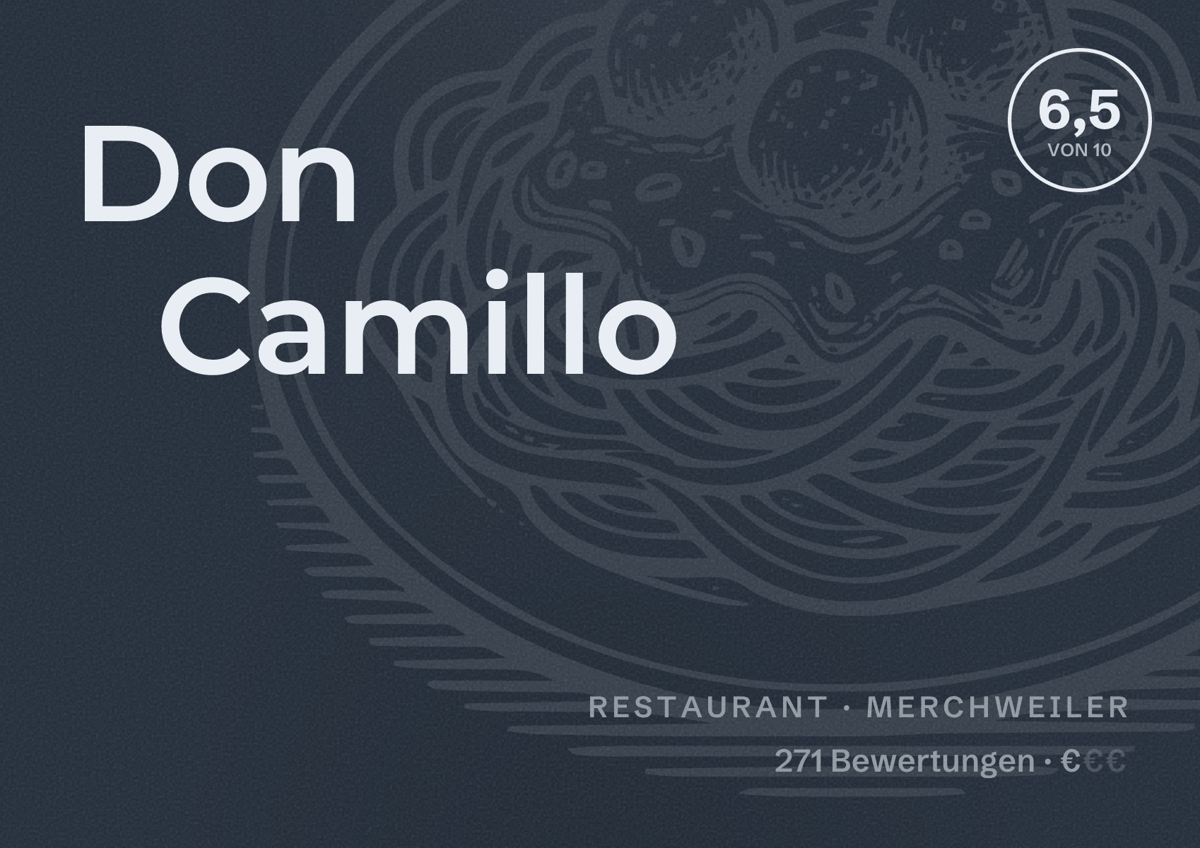 Illustriertes Poster von Don Camillo, Restaurant in Merchweiler: Bewertung 6,5 von 10 aus 271 Bewertungen, Preisniveau €