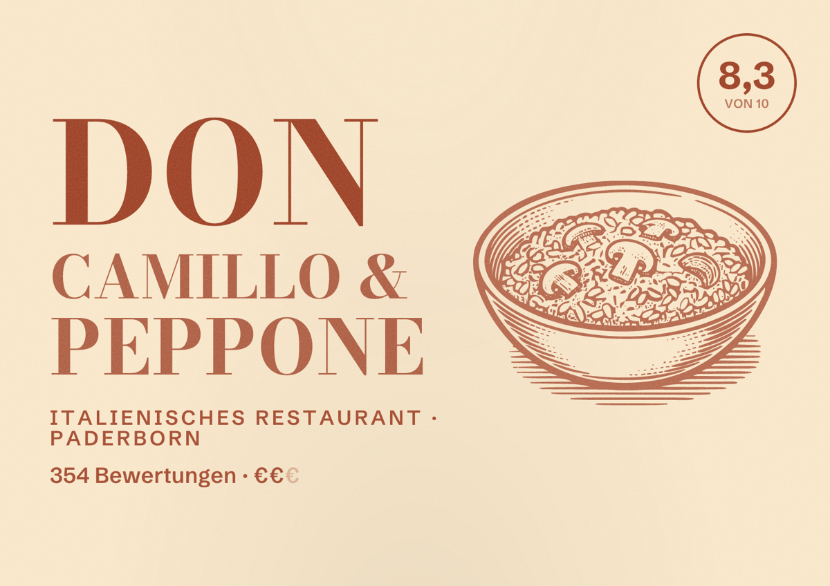 Illustriertes Poster von Don Camillo & Peppone, Italienisches Restaurant in Paderborn: Bewertung 8,3 von 10 aus 354 Bewertungen, Preisniveau €€