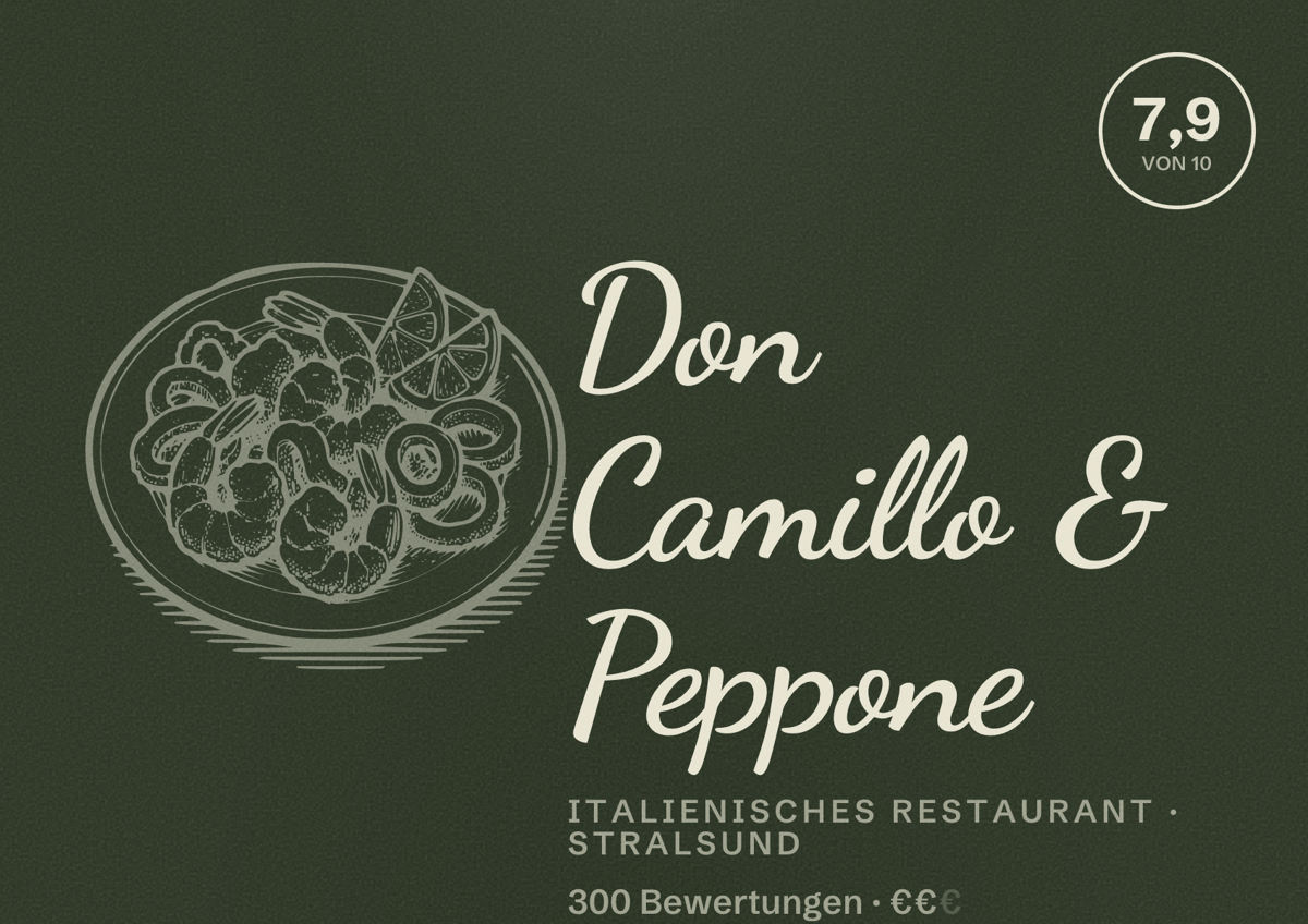 Illustriertes Poster von Don Camillo & Peppone, Italienisches Restaurant in Stralsund: Bewertung 7,9 von 10 aus 300 Bewertungen, Preisniveau €€