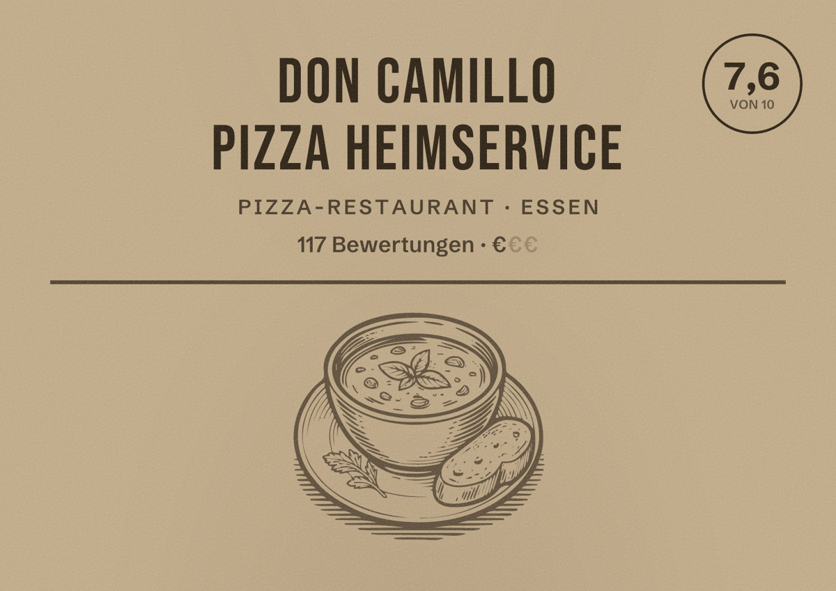 Illustriertes Poster von Don Camillo Pizza Heimservice, Pizza-Restaurant in Essen: Bewertung 7,6 von 10 aus 117 Bewertungen, Preisniveau €