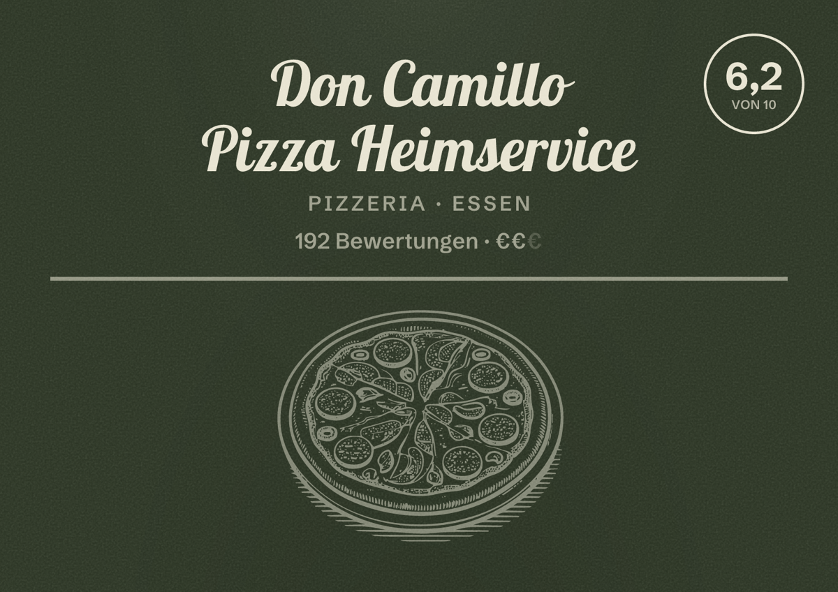 Illustriertes Poster von Don Camillo Pizza Heimservice, Pizzeria in Essen: Bewertung 6,3 von 10 aus 192 Bewertungen, Preisniveau €€