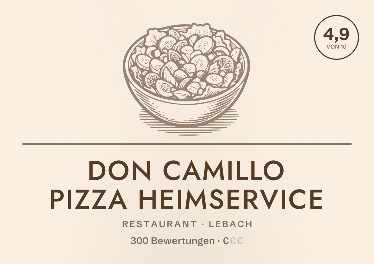 Illustriertes Poster von Don Camillo Pizza Heimservice, Restaurant in Lebach: Bewertung 4,9 von 10 aus 300 Bewertungen, Preisniveau €