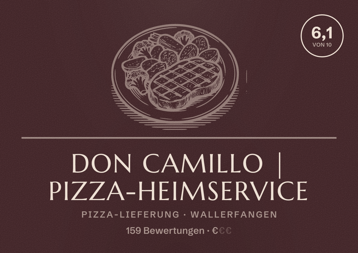 Illustriertes Poster von Don Camillo | Pizza-Heimservice, Pizza-Lieferung in Wallerfangen: Bewertung 6,1 von 10 aus 159 Bewertungen, Preisniveau €