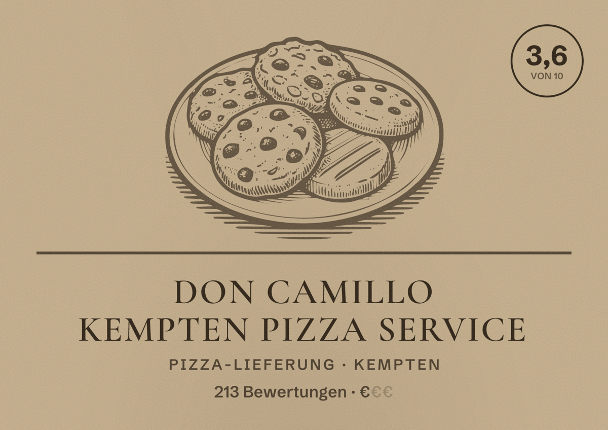 Illustriertes Poster von Don Camillo Kempten Pizza Service, Pizza-Lieferung in Kempten: Bewertung 3,6 von 10 aus 213 Bewertungen, Preisniveau €