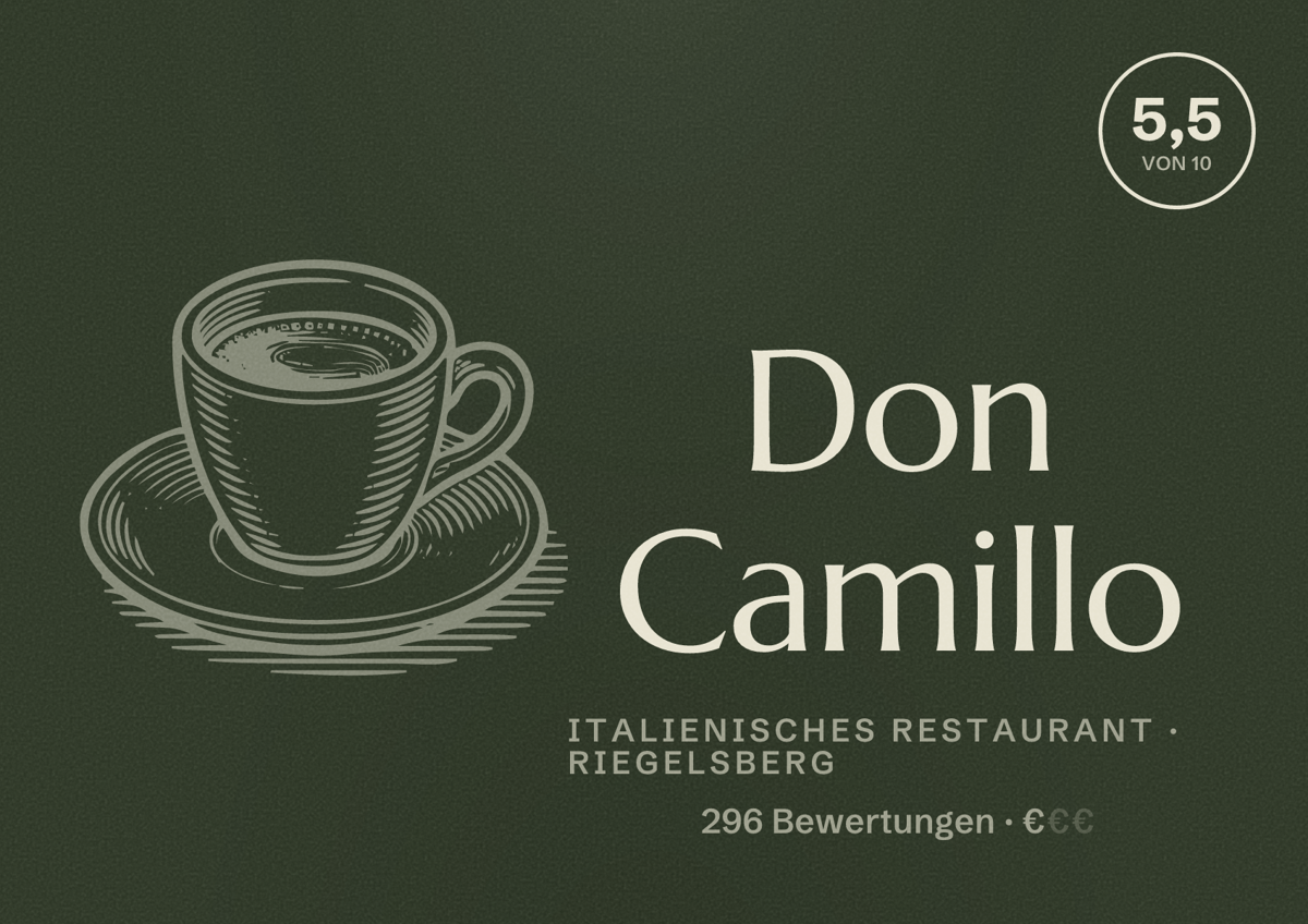 Illustriertes Poster von Don Camillo, Italienisches Restaurant in Riegelsberg: Bewertung 5,5 von 10 aus 296 Bewertungen, Preisniveau €