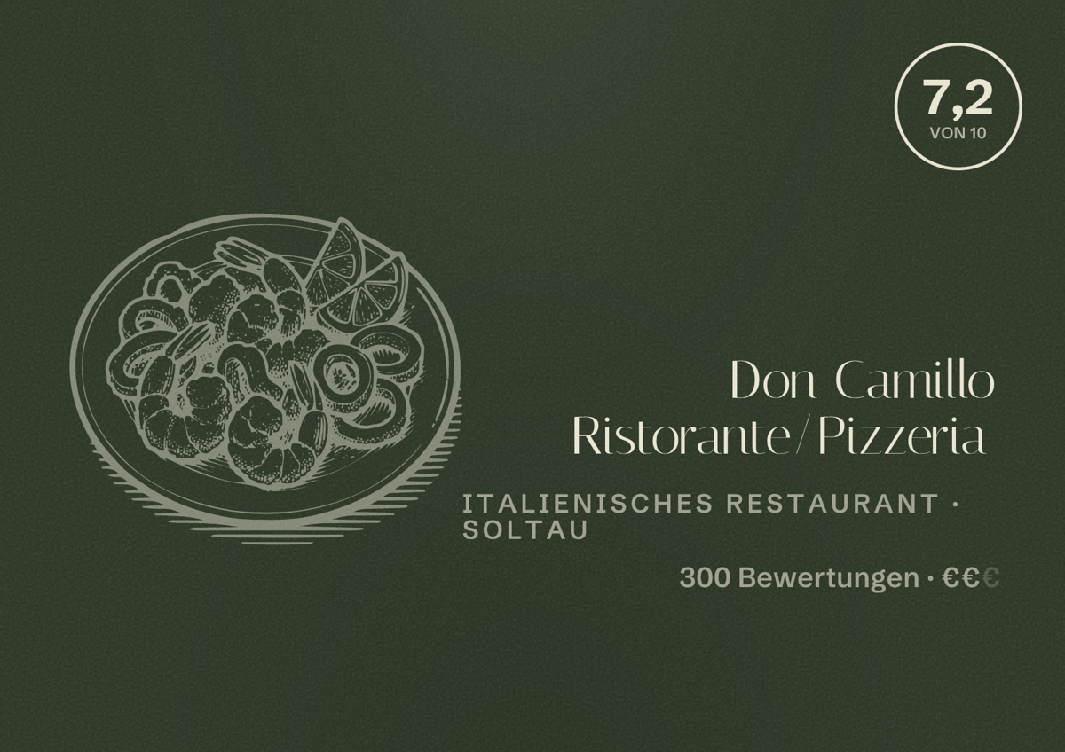 Illustriertes Poster von Don Camillo Ristorante/Pizzeria, Italienisches Restaurant in Soltau: Bewertung 7,2 von 10 aus 300 Bewertungen, Preisniveau €€