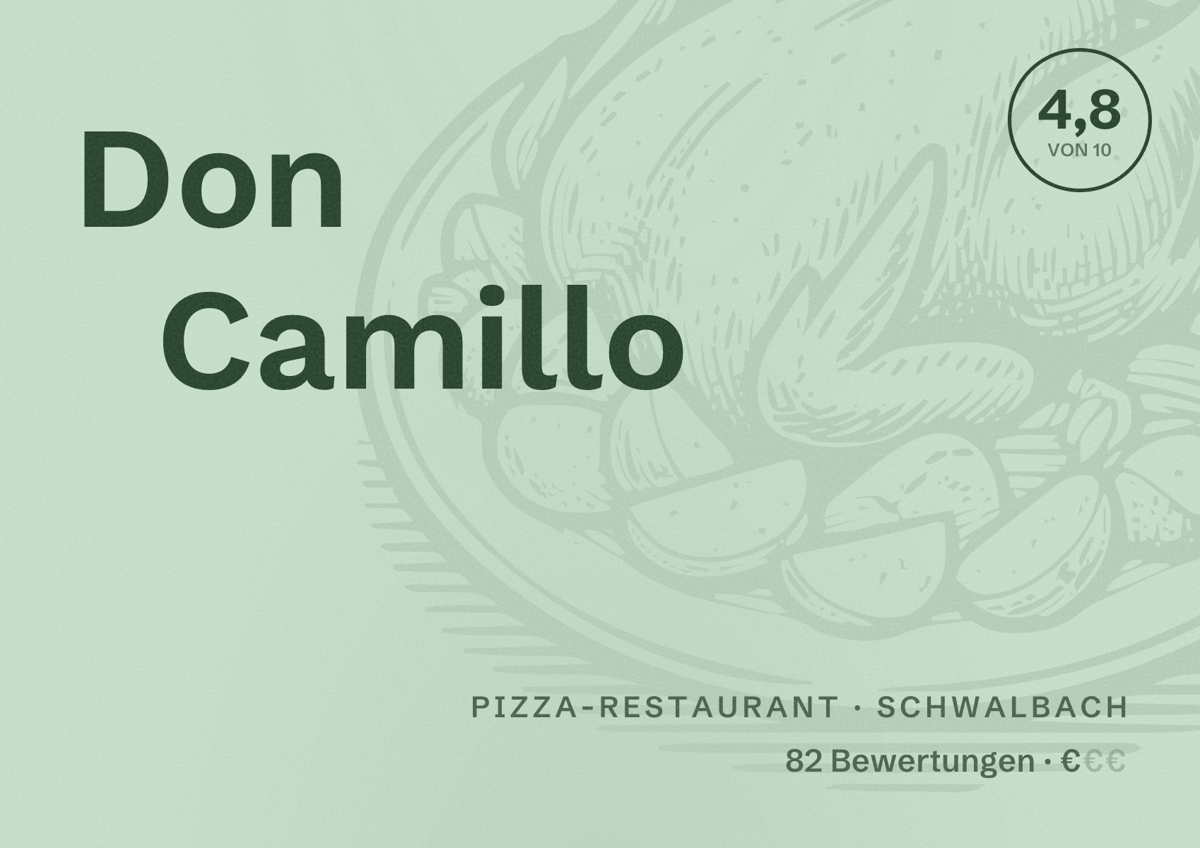 Illustriertes Poster von Don Camillo, Pizza-Restaurant in Schwalbach: Bewertung 4,8 von 10 aus 82 Bewertungen, Preisniveau €
