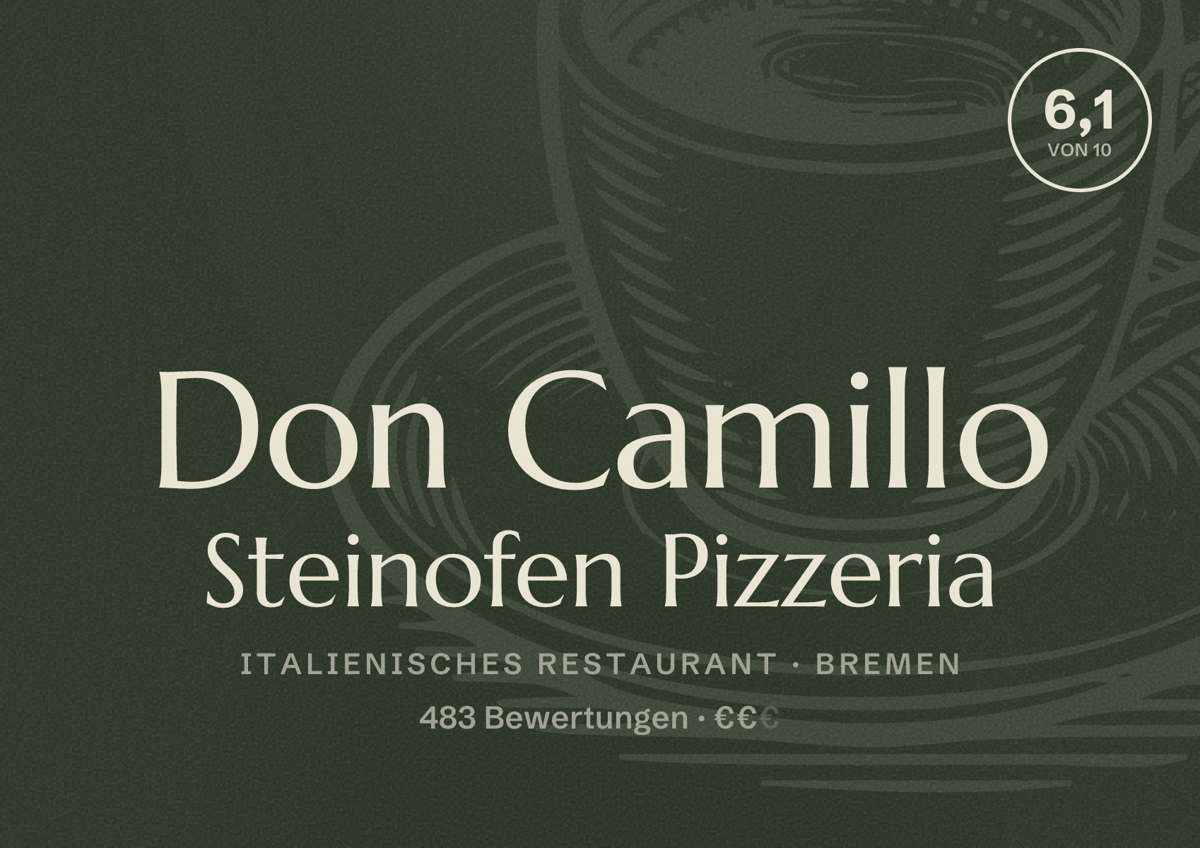 Illustriertes Poster von Don Camillo Steinofen Pizzeria, Italienisches Restaurant in Bremen: Bewertung 6,1 von 10 aus 483 Bewertungen, Preisniveau €€