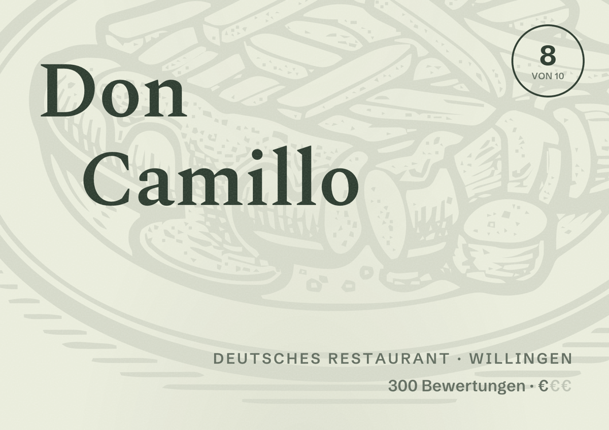Illustriertes Poster von Don Camillo, Deutsches Restaurant in Willingen: Bewertung 8 von 10 aus 300 Bewertungen, Preisniveau €
