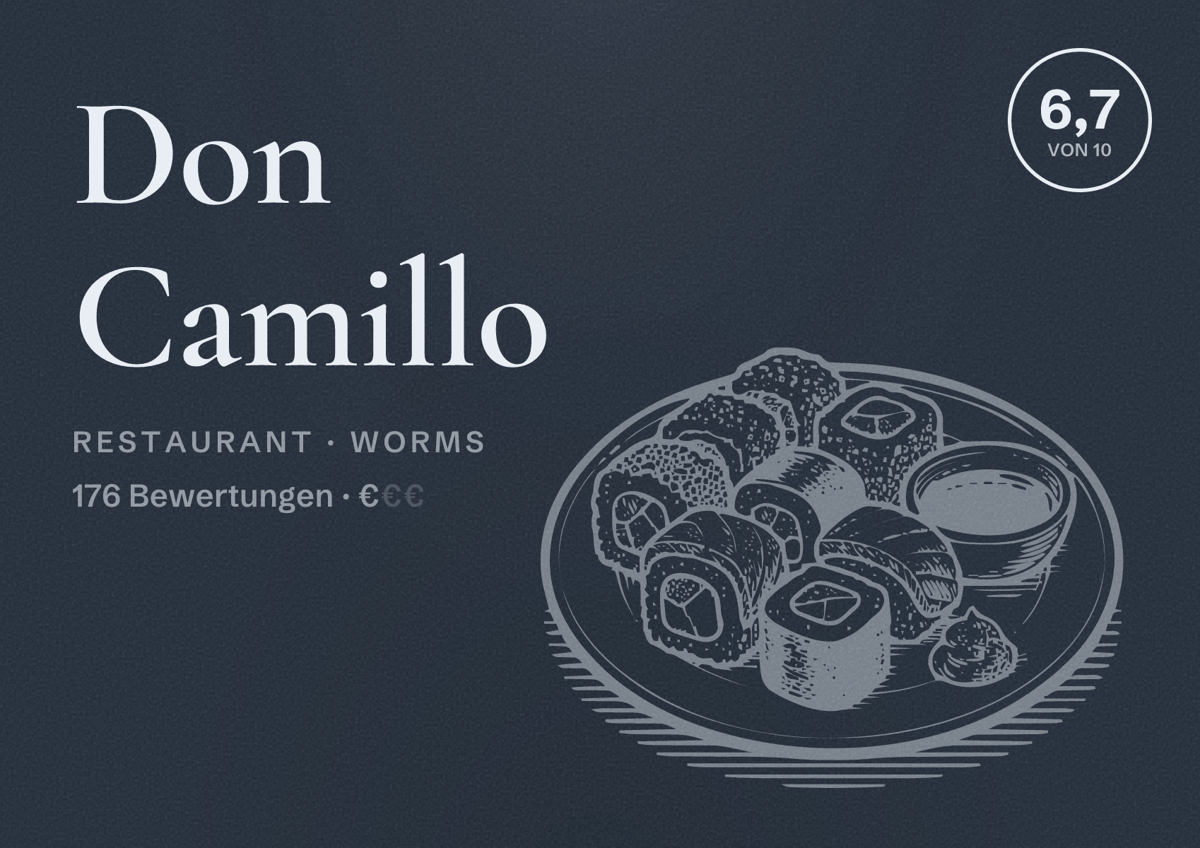 Illustriertes Poster von Don Camillo, Restaurant in Worms: Bewertung 6,7 von 10 aus 176 Bewertungen, Preisniveau €