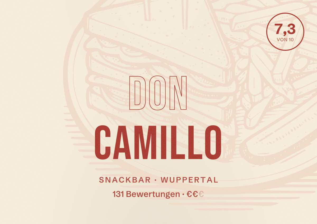 Illustriertes Poster von Don Camillo, Snackbar in Wuppertal: Gästebewertung 7,3 von 10 aus 131 Bewertungen