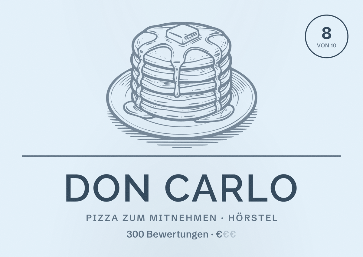 Illustriertes Poster von Don Carlo, Pizza zum Mitnehmen in Hörstel: Bewertung 8 von 10 aus 300 Bewertungen, Preisniveau €