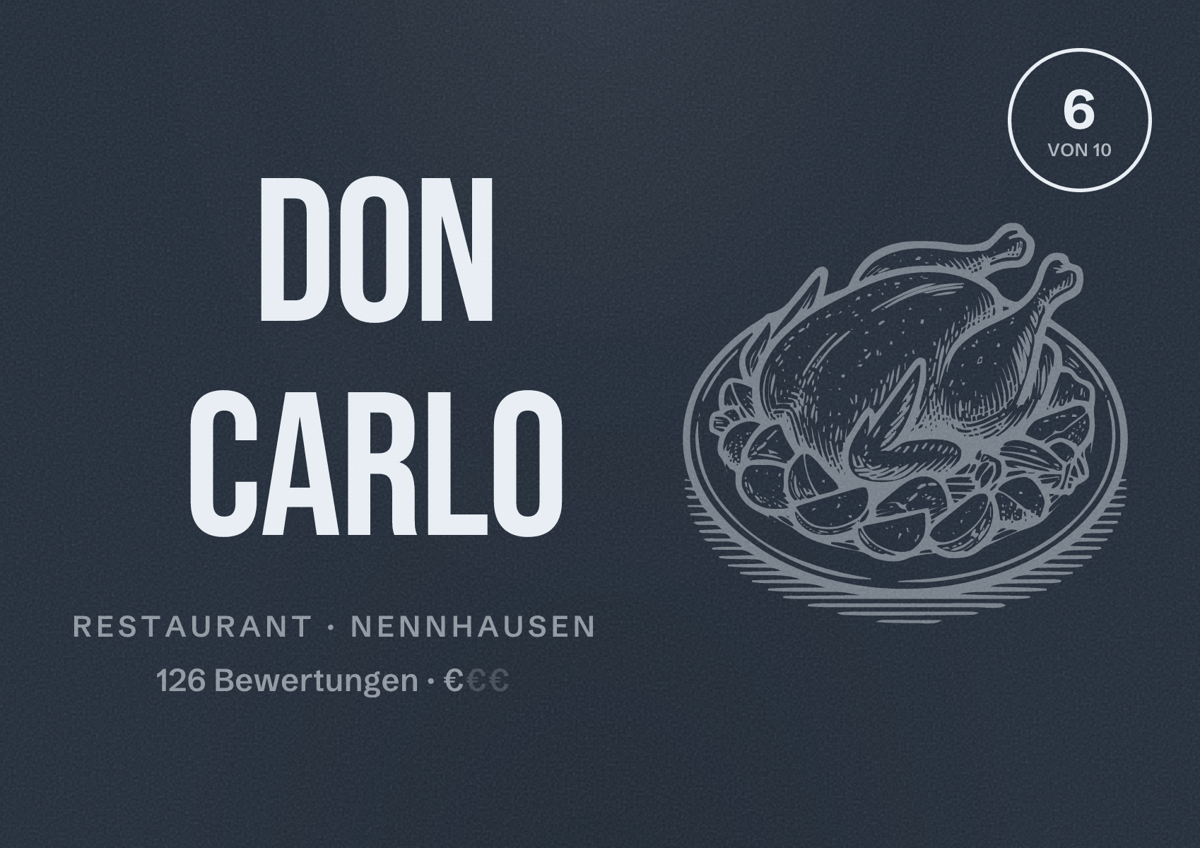 Illustriertes Poster von Don Carlo, Restaurant in Nennhausen: Bewertung 6 von 10 aus 126 Bewertungen, Preisniveau €