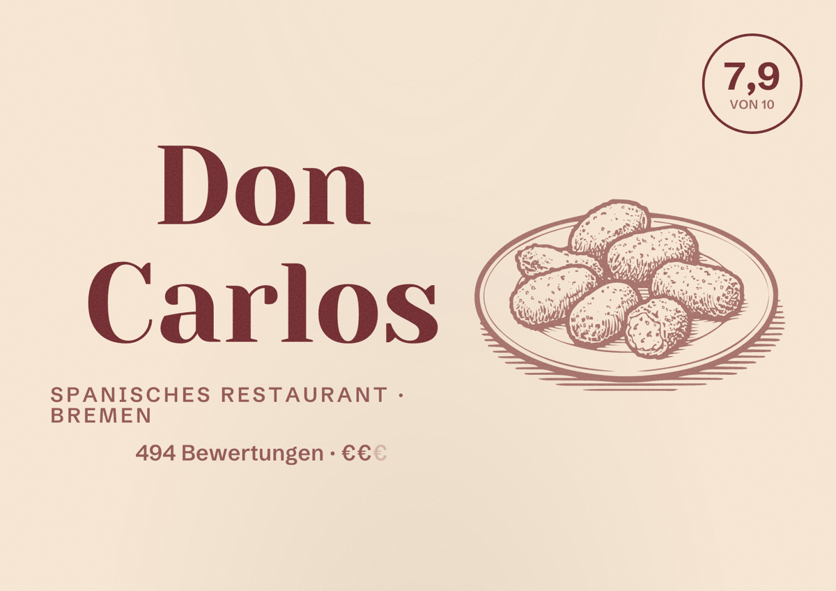 Illustriertes Poster von Don Carlos, Spanisches Restaurant in Bremen: Bewertung 7,9 von 10 aus 494 Bewertungen, Preisniveau €€