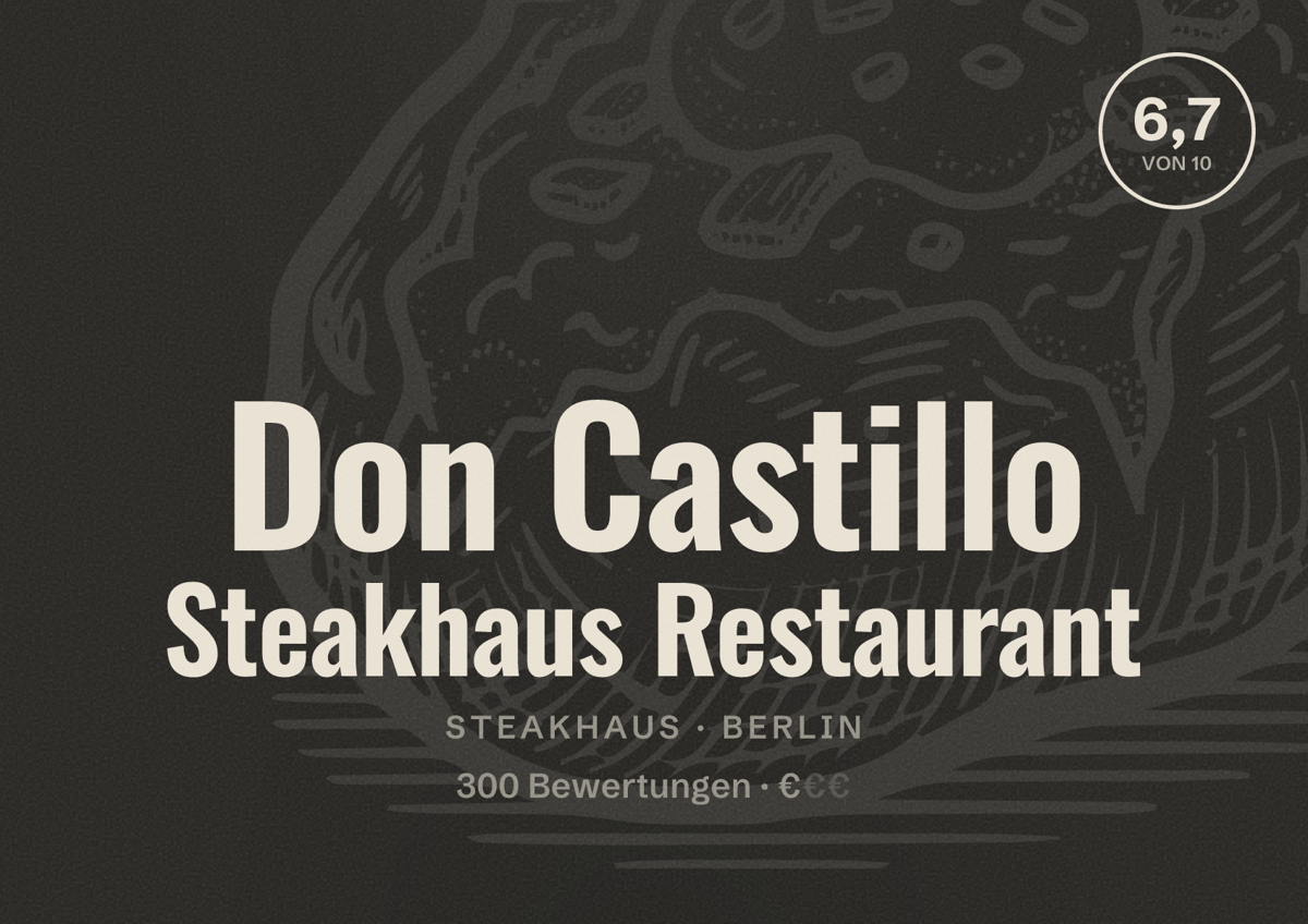 Illustriertes Poster von Don Castillo Steakhaus Restaurant, Steakhaus in Berlin: Bewertung 6,7 von 10 aus 300 Bewertungen, Preisniveau €