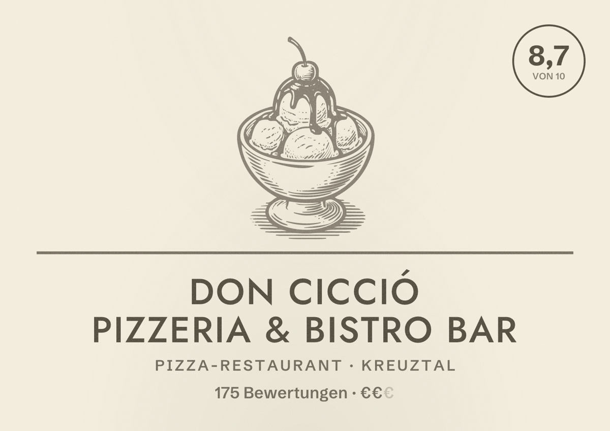 Illustriertes Poster von Don Cicció Pizzeria & Bistro Bar, Pizza-Restaurant in Kreuztal: Bewertung 8,7 von 10 aus 175 Bewertungen, Preisniveau €€