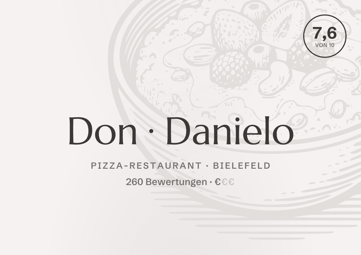 Illustriertes Poster von Don Danielo, Pizza-Restaurant in Bielefeld: Bewertung 7,6 von 10 aus 260 Bewertungen, Preisniveau €