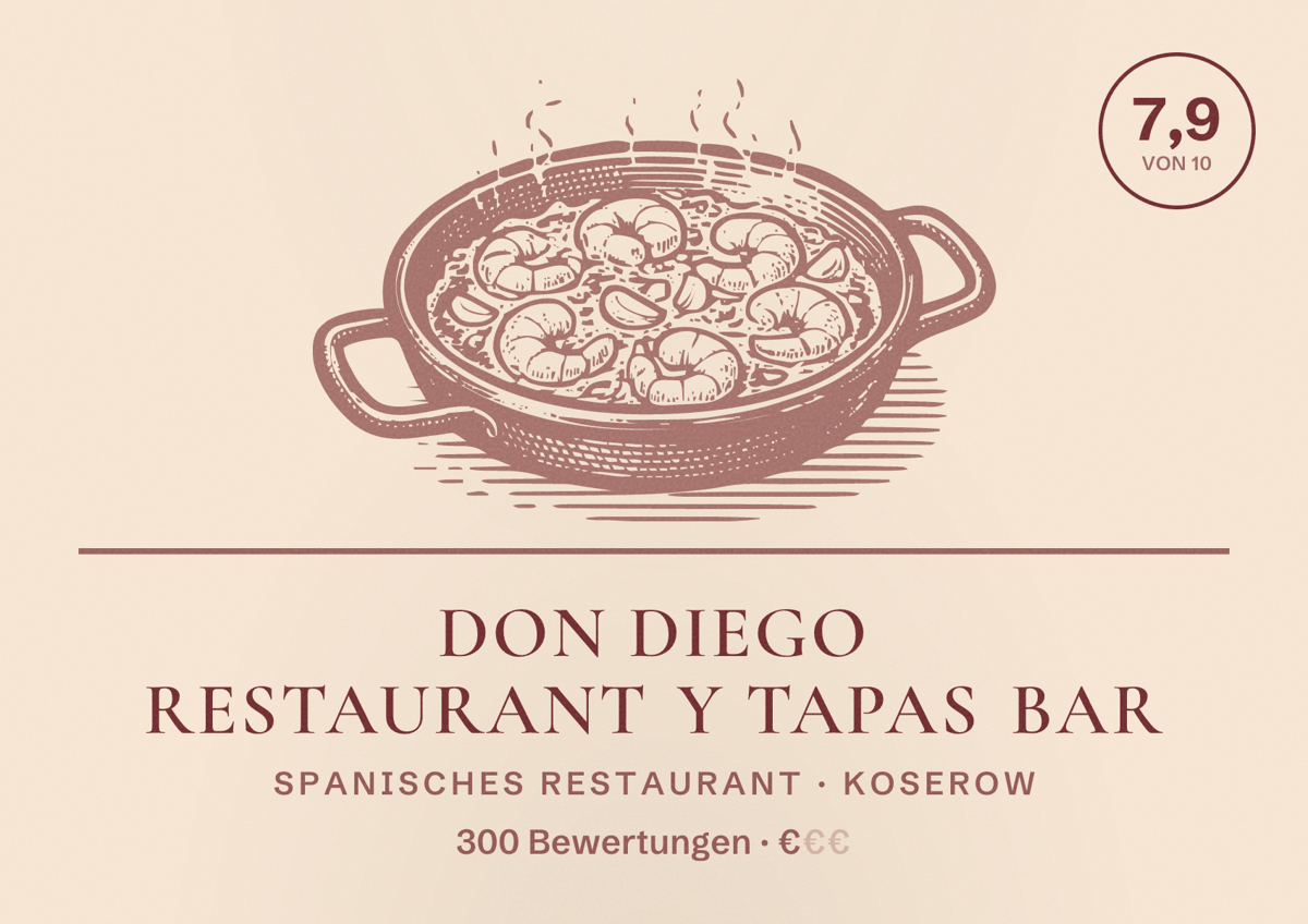 Illustriertes Poster von Don Diego Restaurant Y Tapas Bar, Spanisches Restaurant in Koserow: Bewertung 7,9 von 10 aus 300 Bewertungen, Preisniveau €
