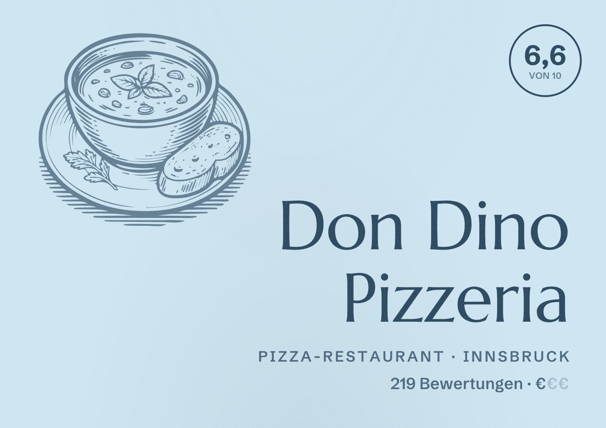 Illustriertes Poster von Don Dino Pizzeria, Pizza-Restaurant in Innsbruck: Bewertung 6,6 von 10 aus 219 Bewertungen, Preisniveau €