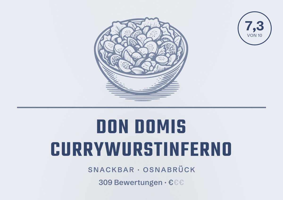 Illustriertes Poster von Don Domis Currywurstinferno, Snackbar in Osnabrück: Bewertung 7,3 von 10 aus 309 Bewertungen, Preisniveau €