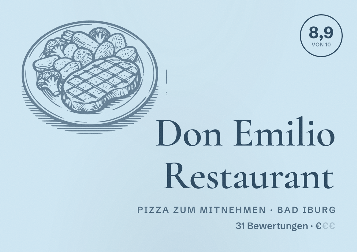 Illustriertes Poster von Don Emilio Restaurant, Pizza zum Mitnehmen in Bad Iburg: Bewertung 8,9 von 10 aus 31 Bewertungen, Preisniveau €