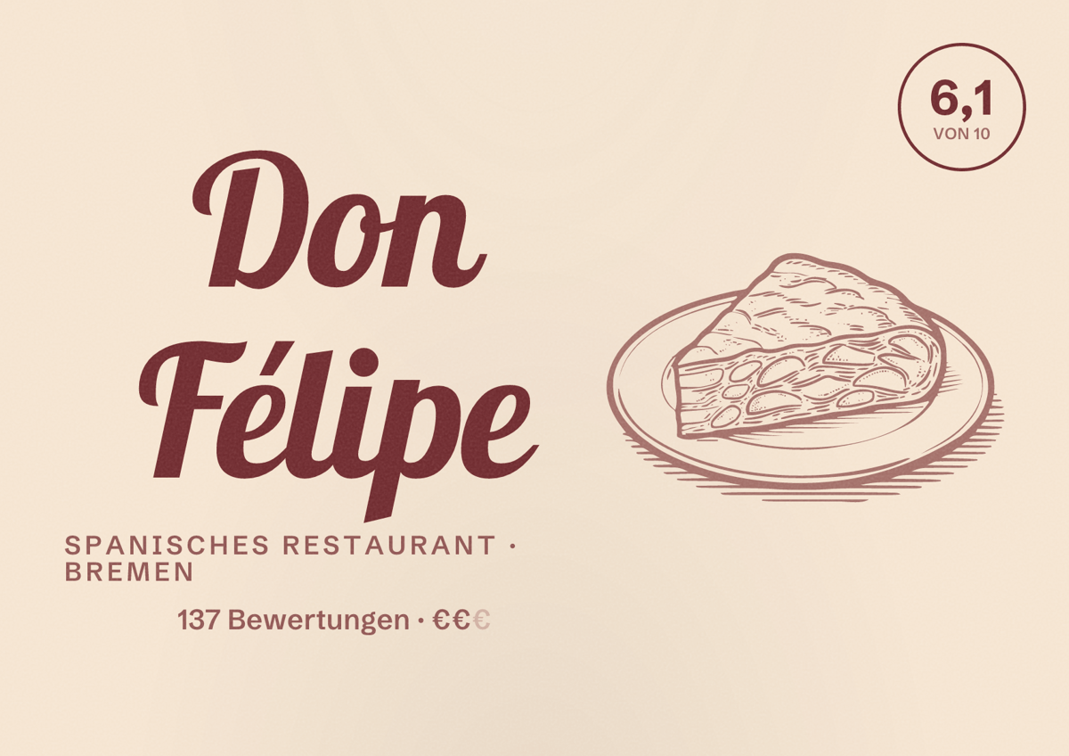 Illustriertes Poster von Don Félipe, Spanisches Restaurant in Bremen: Bewertung 6,1 von 10 aus 137 Bewertungen, Preisniveau €€