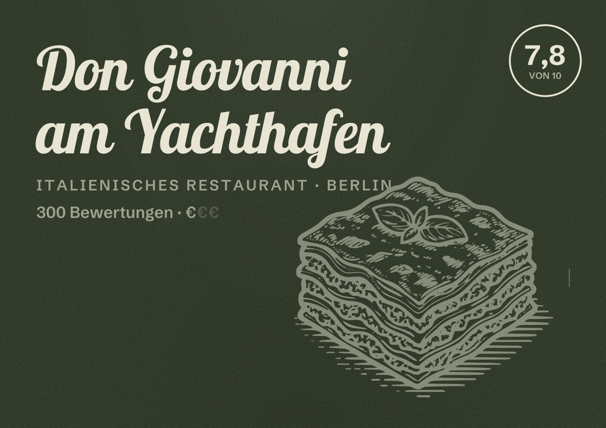 Illustriertes Poster von Don Giovanni am Yachthafen, Italienisches Restaurant in Berlin: Bewertung 7,8 von 10 aus 300 Bewertungen, Preisniveau €
