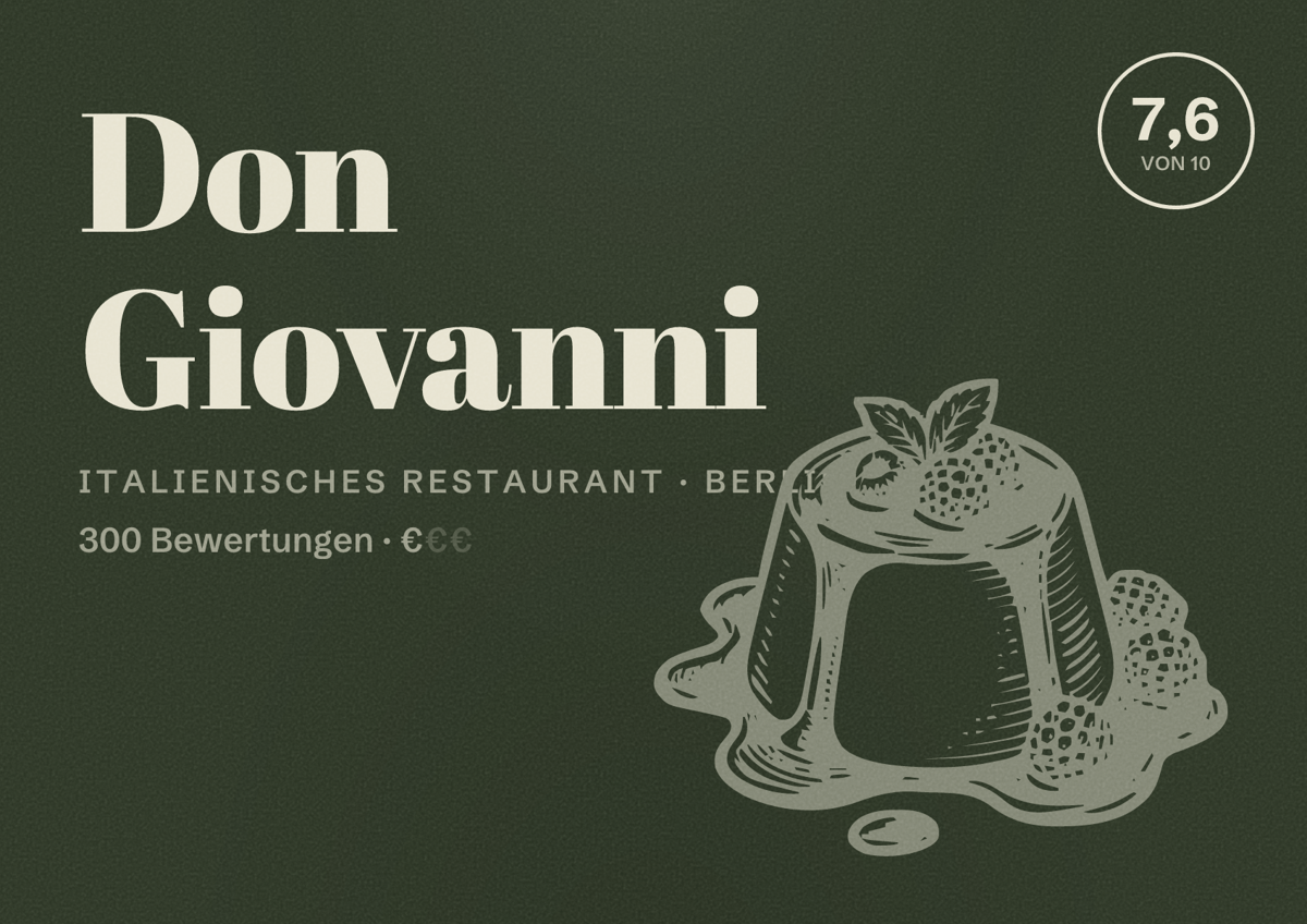 Illustriertes Poster von Don Giovanni, Italienisches Restaurant in Berlin: Bewertung 7,6 von 10 aus 300 Bewertungen, Preisniveau €