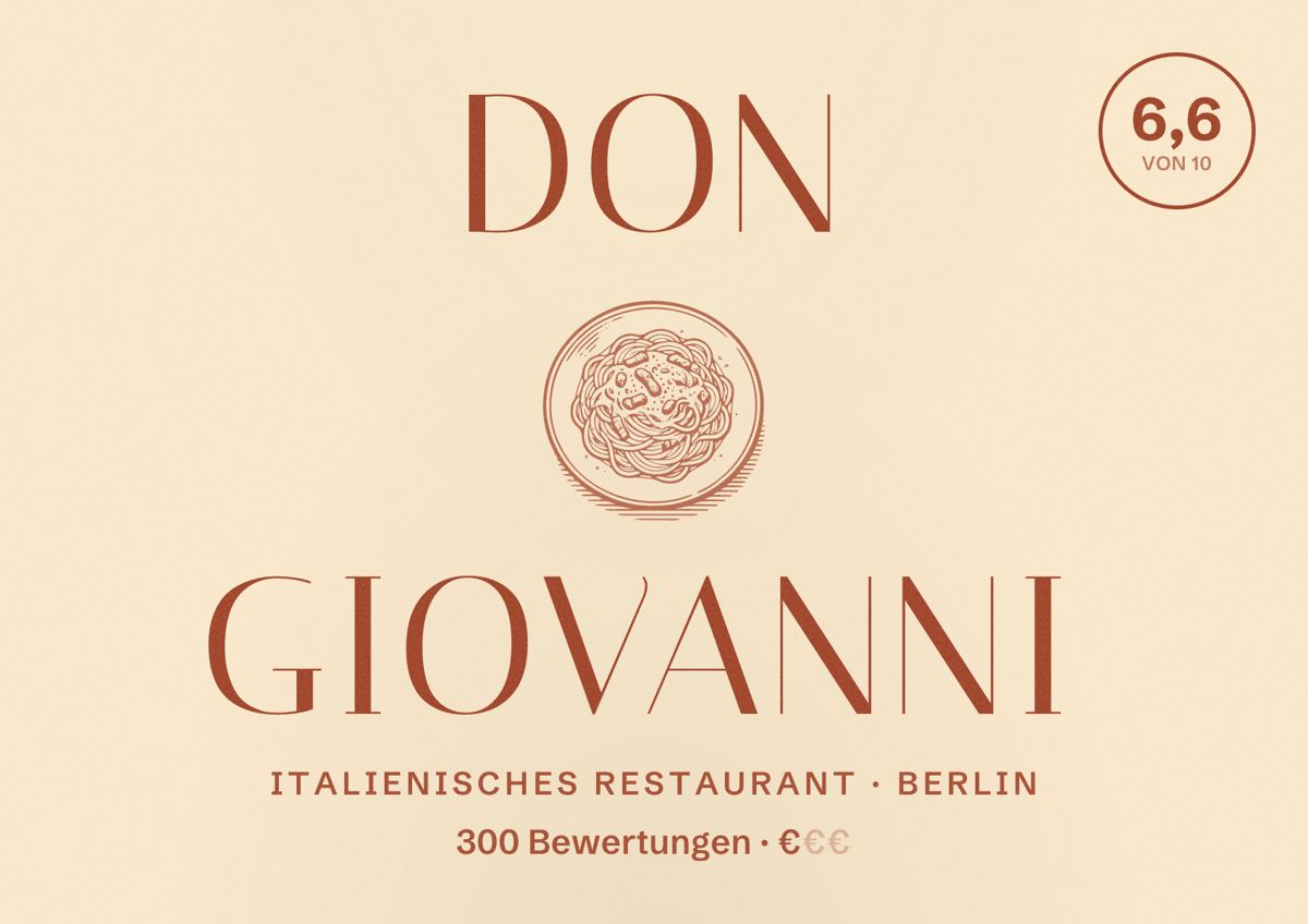 Illustriertes Poster von Don Giovanni, Italienisches Restaurant in Berlin: Bewertung 6,6 von 10 aus 300 Bewertungen, Preisniveau €