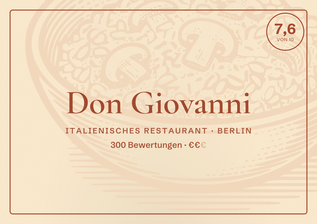 Illustriertes Poster von Don Giovanni, Italienisches Restaurant in Berlin: Bewertung 7,6 von 10 aus 300 Bewertungen, Preisniveau €€