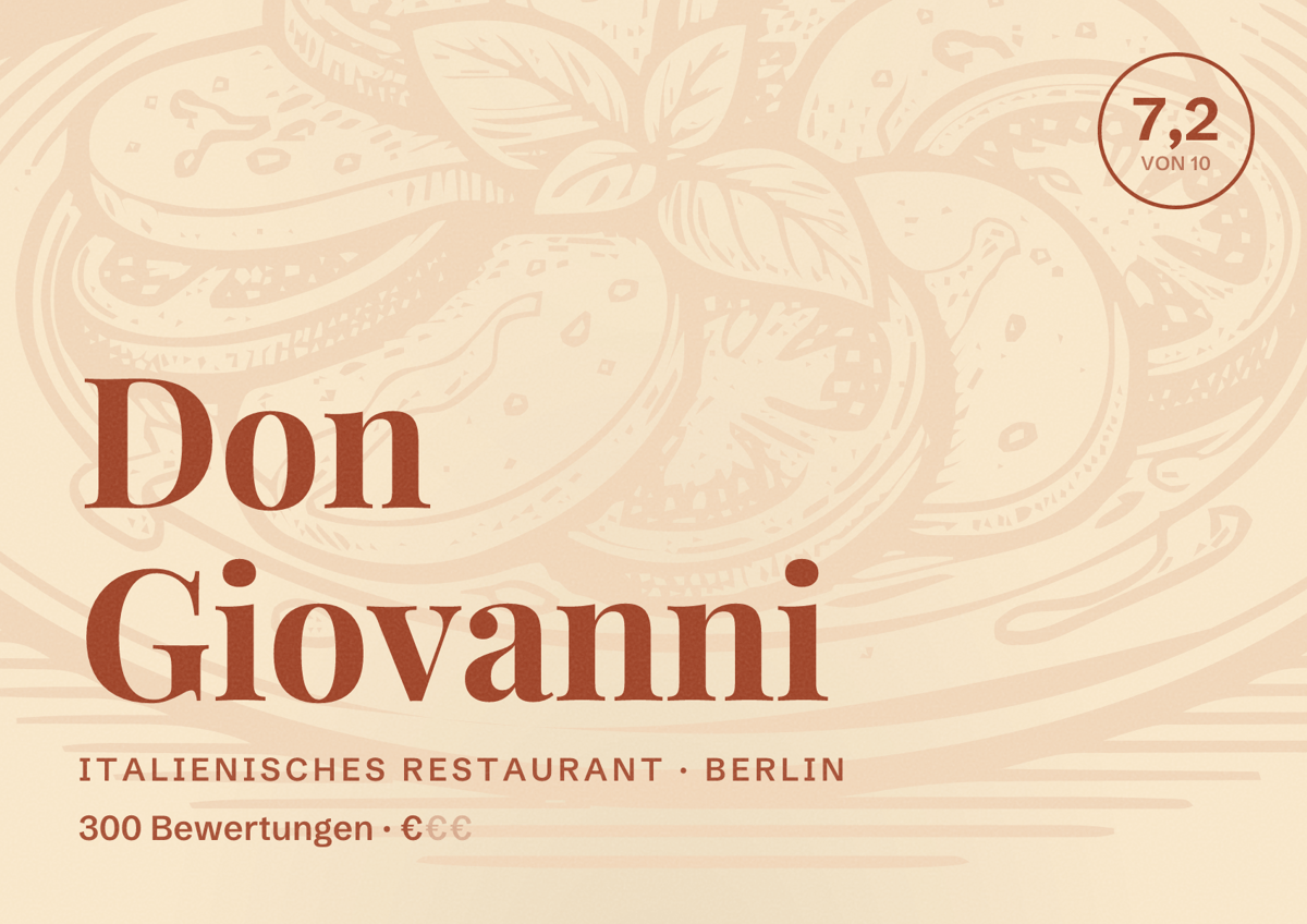 Illustriertes Poster von Don Giovanni, Italienisches Restaurant in Berlin: Bewertung 7,2 von 10 aus 300 Bewertungen, Preisniveau €