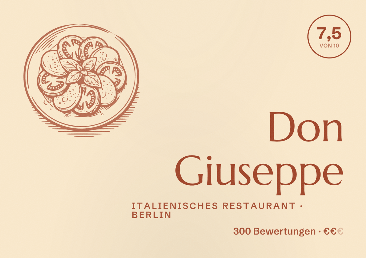 Illustriertes Poster von Don Giuseppe, Italienisches Restaurant in Berlin: Bewertung 7,5 von 10 aus 300 Bewertungen, Preisniveau €€