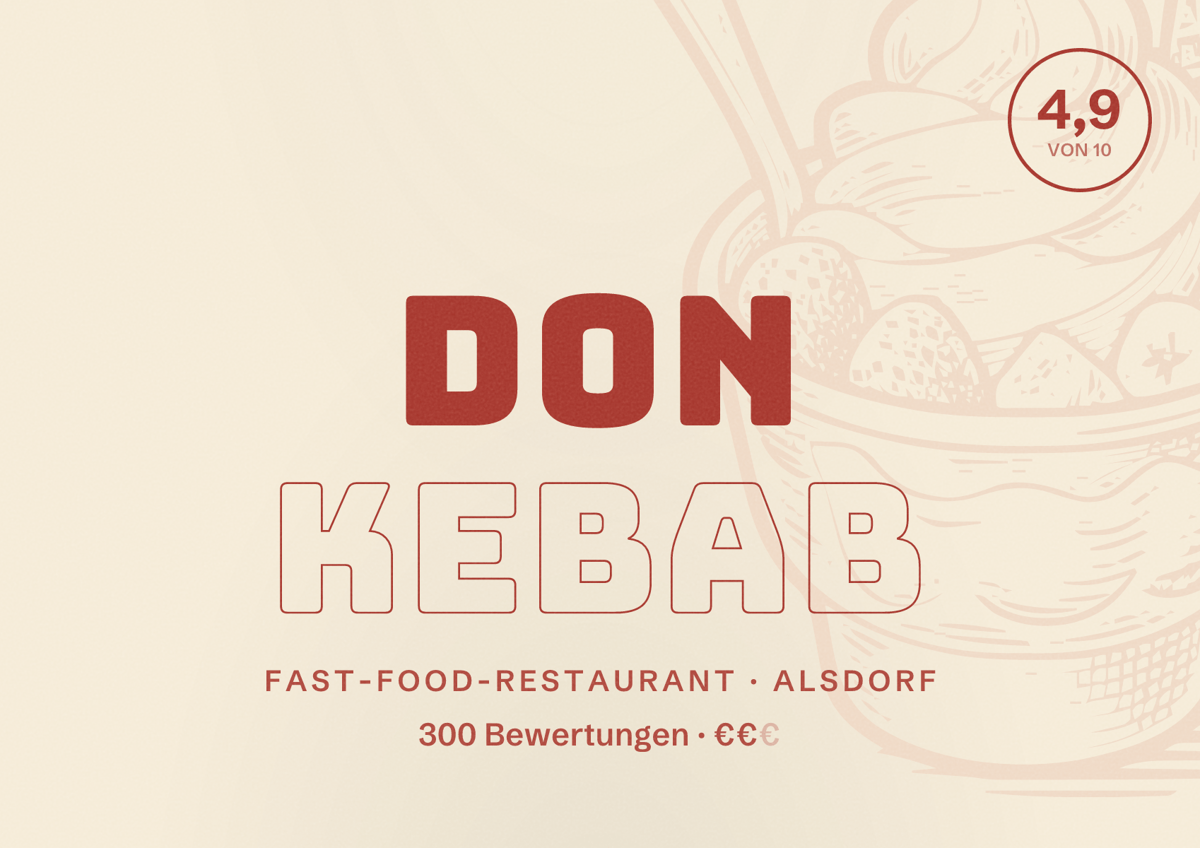 Illustriertes Poster von Don Kebab, Fast-Food-Restaurant in Alsdorf: Bewertung 4,9 von 10 aus 300 Bewertungen, Preisniveau €€