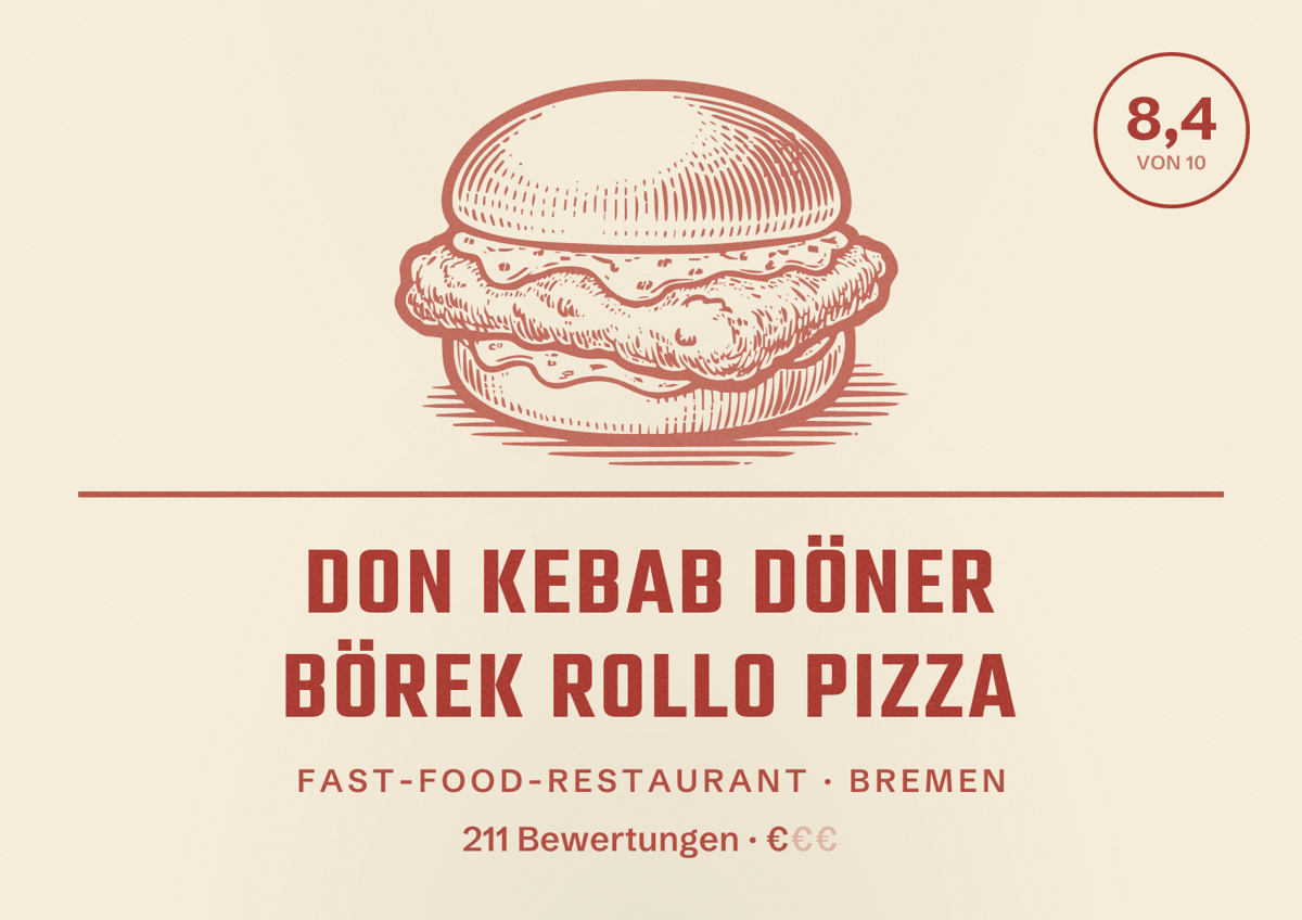 Illustriertes Poster von DON Kebab Döner Börek Rollo Pizza, Fast-Food-Restaurant in Bremen: Bewertung 8,4 von 10 aus 211 Bewertungen, Preisniveau €