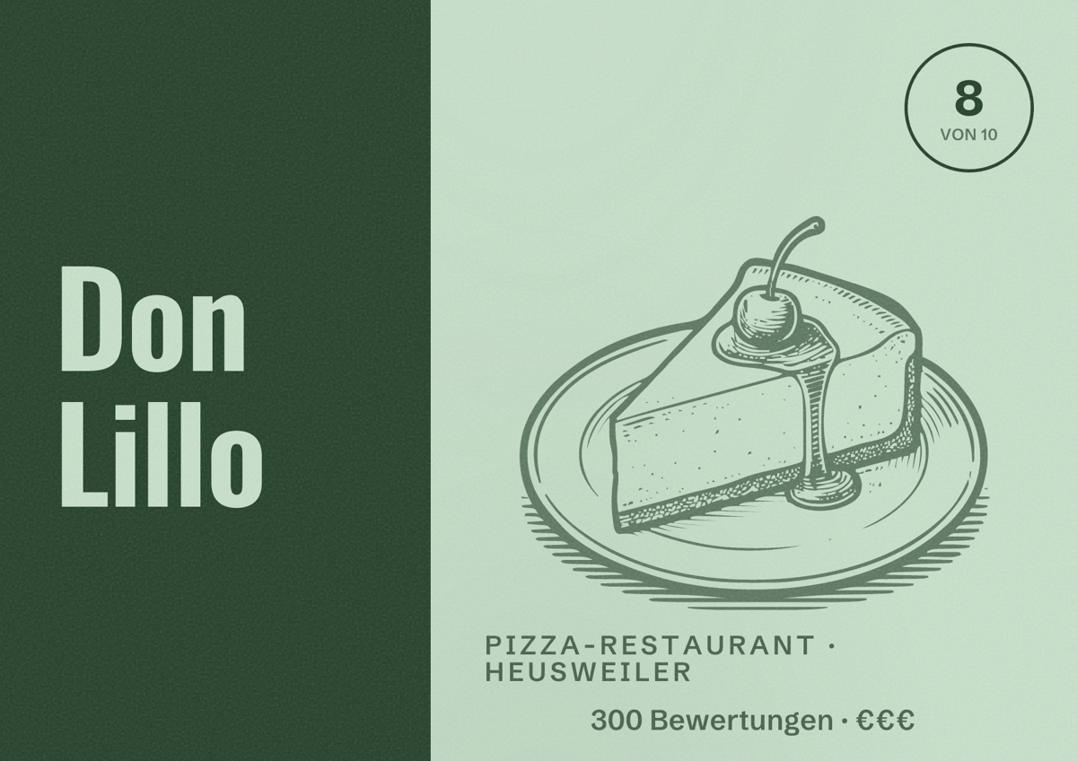 Illustriertes Poster von Don Lillo, Pizza-Restaurant in Heusweiler: Bewertung 8 von 10 aus 300 Bewertungen, Preisniveau €€€