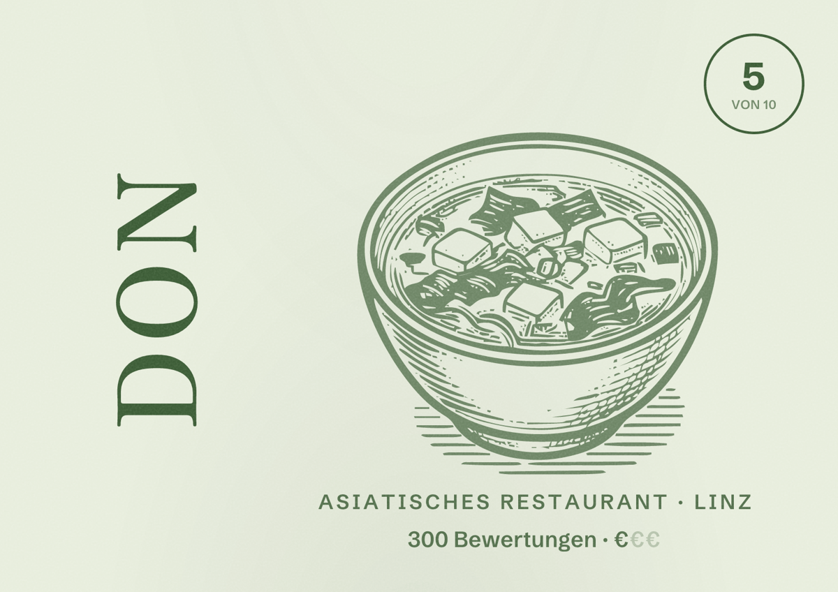 Illustriertes Poster von Don, Asiatisches Restaurant in Linz: Bewertung 5 von 10 aus 300 Bewertungen, Preisniveau €