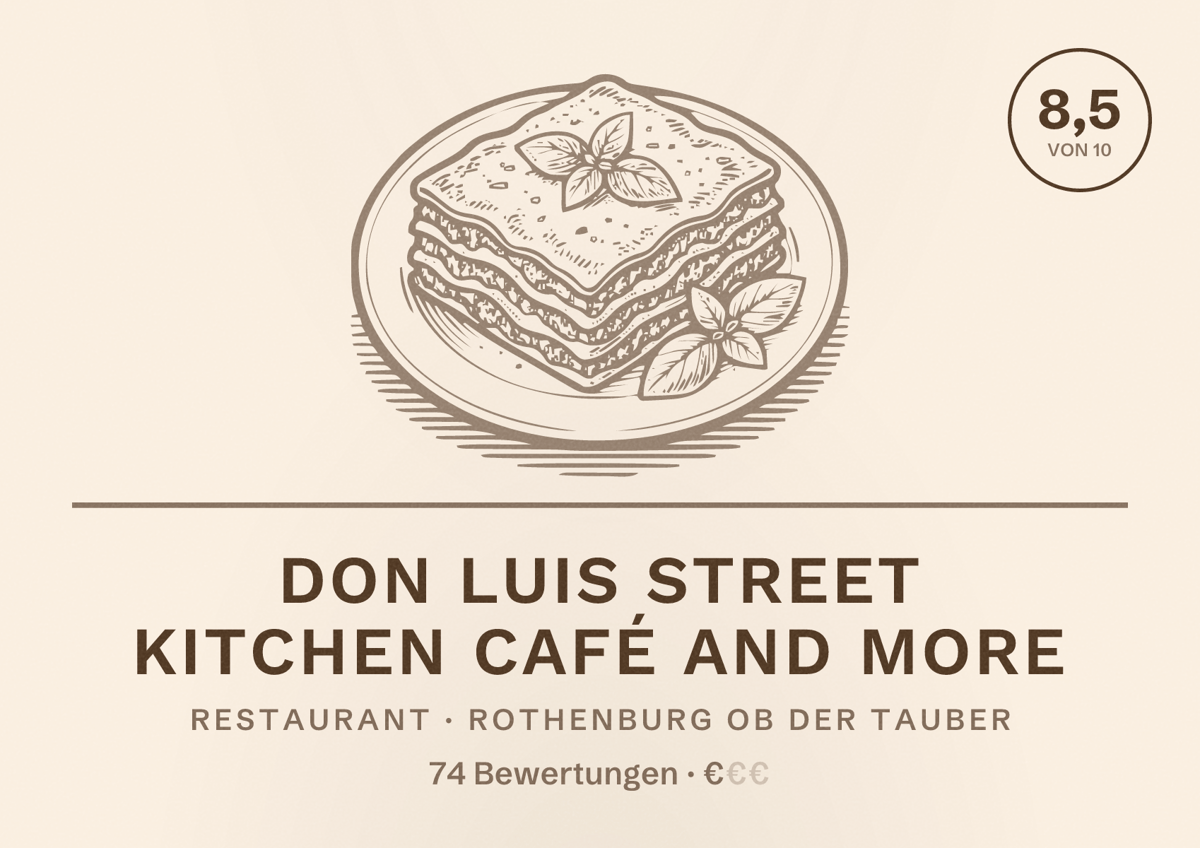 Illustriertes Poster von Don Luis Street Kitchen Café and more, Restaurant in Rothenburg ob der Tauber: Bewertung 8,5 von 10 aus 74 Bewertungen, Preisniveau €