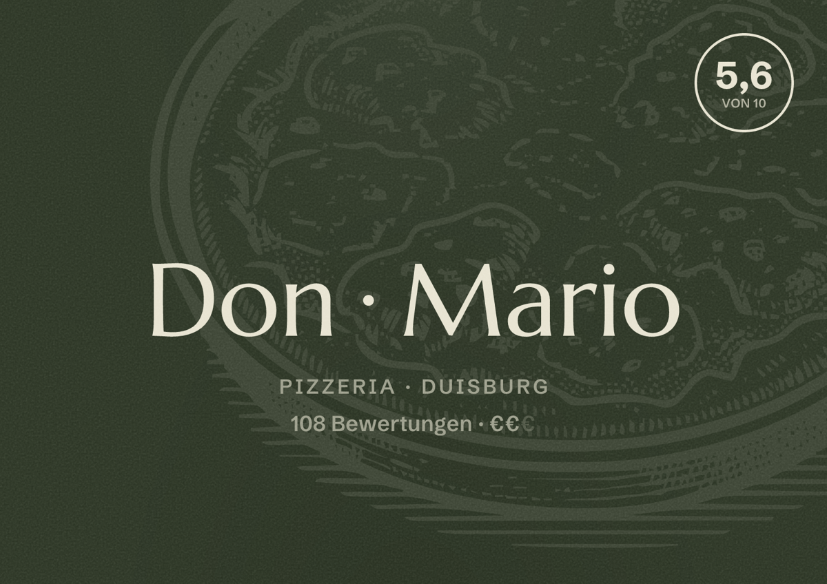 Illustriertes Poster von Don Mario, Pizzeria in Duisburg: Bewertung 5,6 von 10 aus 108 Bewertungen, Preisniveau €€