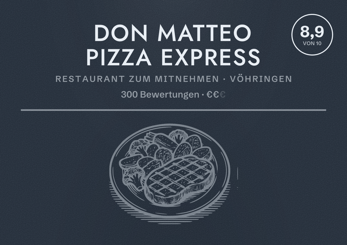 Illustriertes Poster von Don Matteo Pizza Express, Restaurant zum Mitnehmen in Vöhringen: Bewertung 8,9 von 10 aus 300 Bewertungen, Preisniveau €€