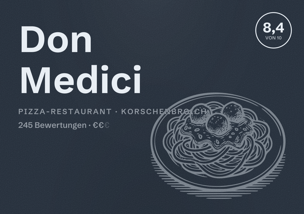 Illustriertes Poster von Don Medici, Pizza-Restaurant in Korschenbroich: Bewertung 8,4 von 10 aus 245 Bewertungen, Preisniveau €€