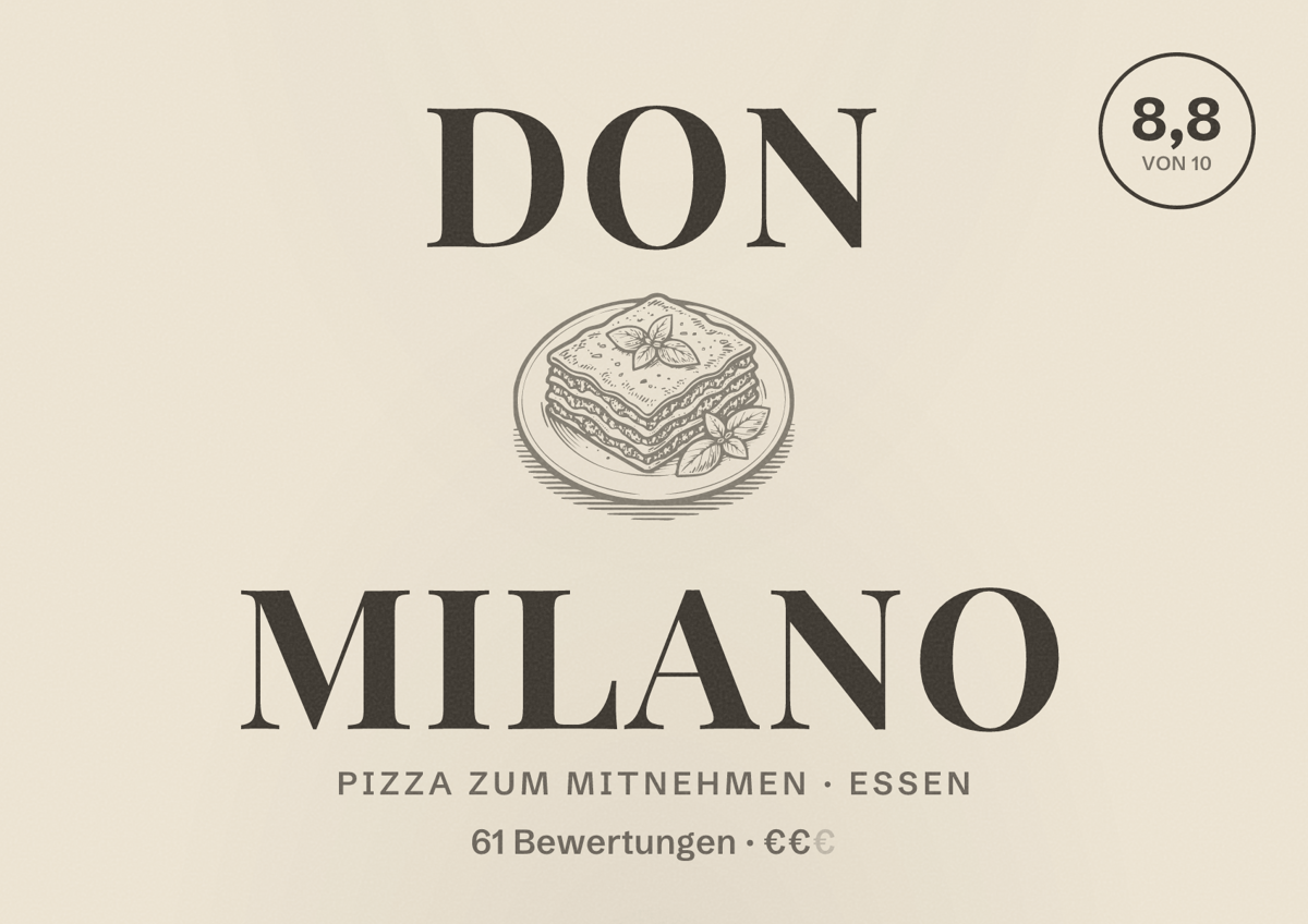 Illustriertes Poster von Don Milano, Pizza zum Mitnehmen in Essen: Bewertung 8,8 von 10 aus 61 Bewertungen, Preisniveau €€