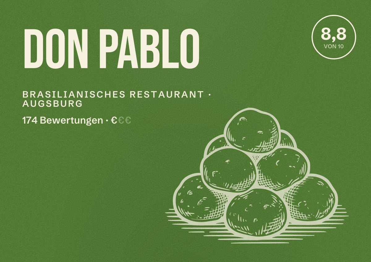 Illustriertes Poster von Don Pablo, Brasilianisches Restaurant in Augsburg: Bewertung 8,8 von 10 aus 174 Bewertungen, Preisniveau €