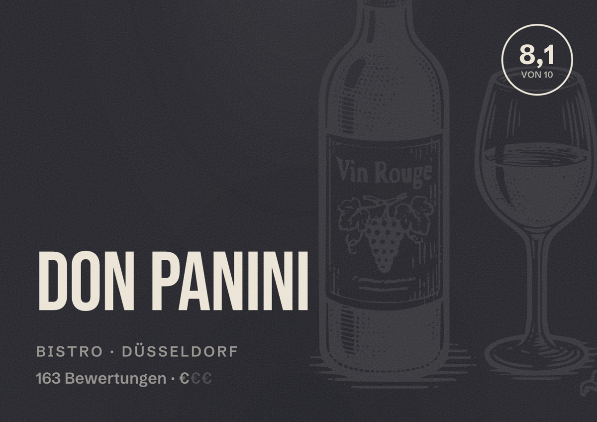 Illustriertes Poster von Don Panini, Bistro in Düsseldorf: Bewertung 8,1 von 10 aus 163 Bewertungen, Preisniveau €